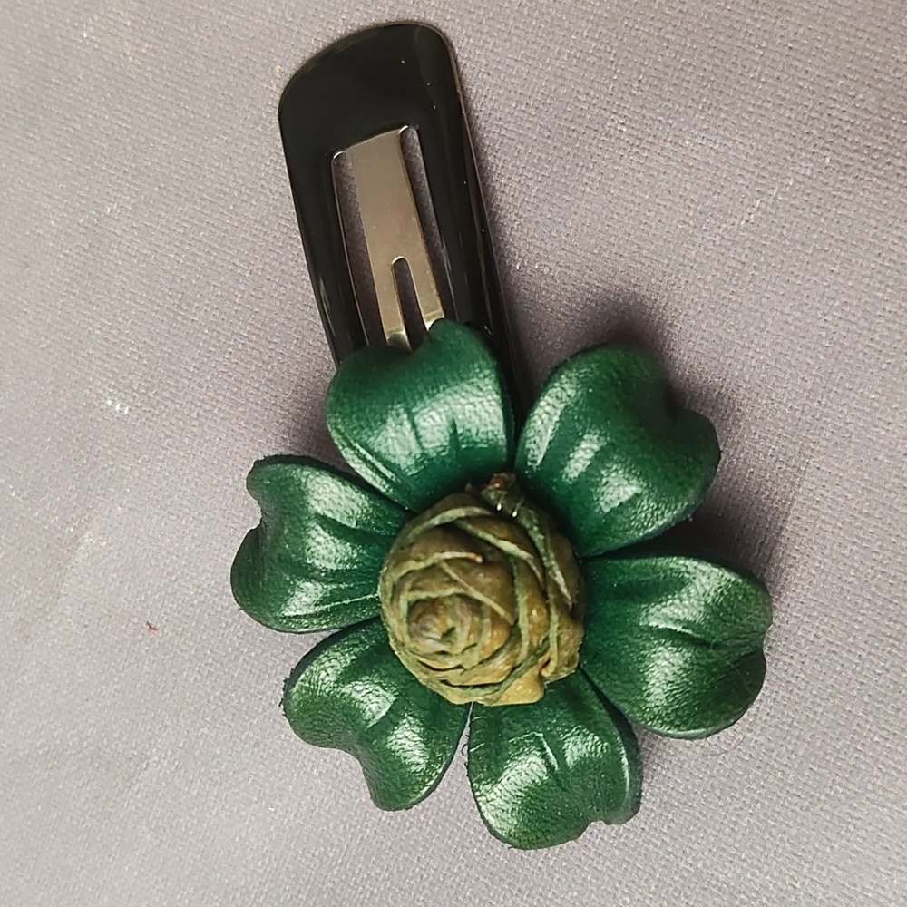 Green leather flower hair clip/barrette hand crafted